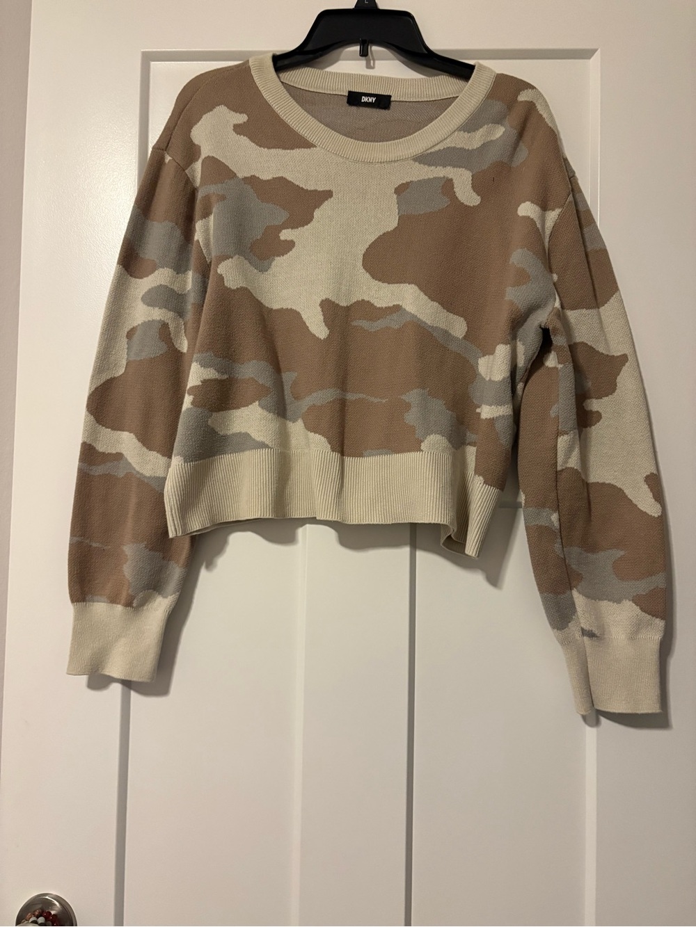 DKNY Camouflage Crop Crewneck Sweater in Beige and Cream